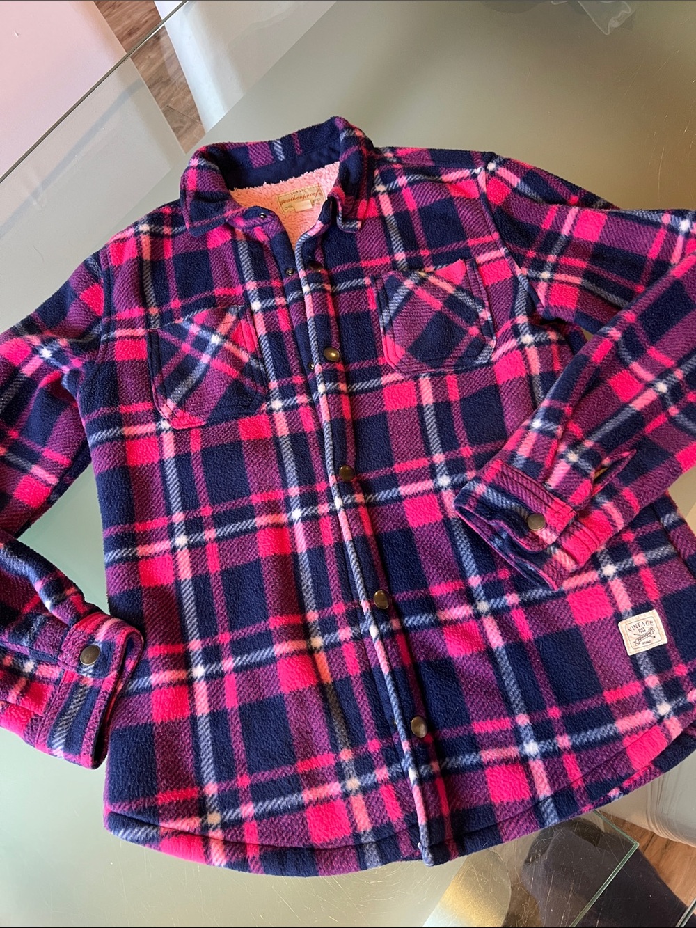 Plaid Fleece Fall Shirt Jacket - Pink & Navy